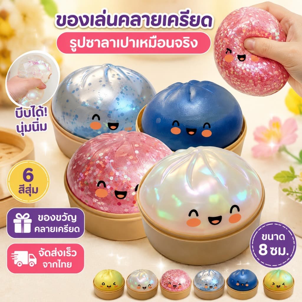 กล่องสุ่ม! ของเล่นคลายเครียดรูปซาลาเปาเหมือนจริง ขนาด 8 ซม. นุ่มนิ่ม บีบได้ เหมือนจริง ของขวัญคลายเครียด รูปที่ 1