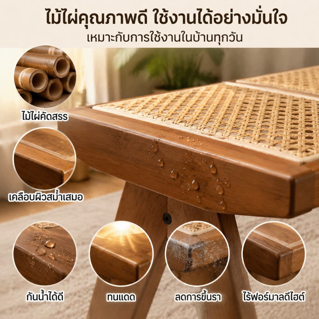 เก้าอี้หวายสาน เก้าอี้เปลี่ยนรองเท้า เก้าอี้ทานอาหาร ไม้เนื้อแข็ง เรียบง่าย อเนกประสงค์ รูปที่ 4