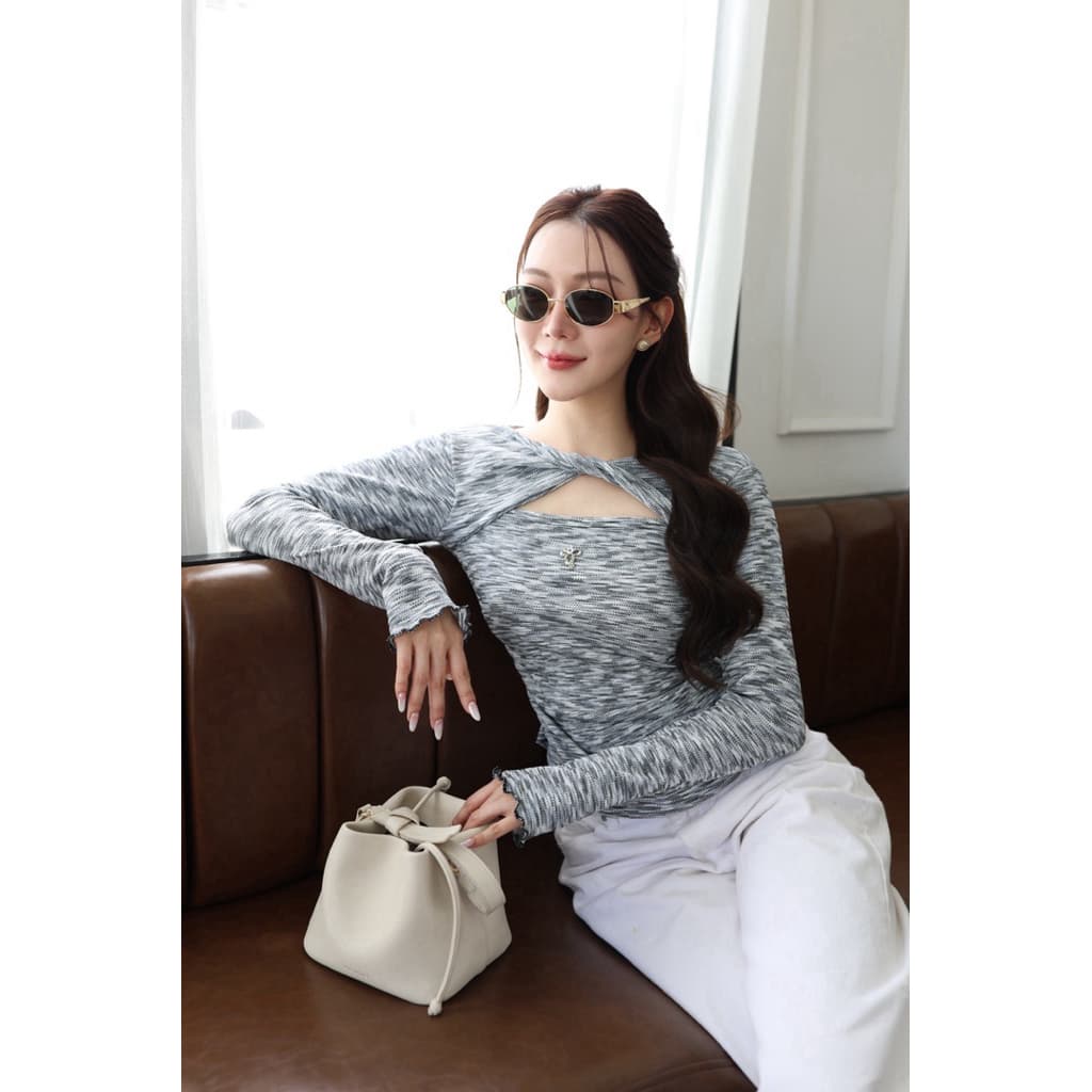 NO.635 Mimi Top เสื้อยืดแขนยาวผ้าลายดีไซน์คอทวิส รูปที่ 8