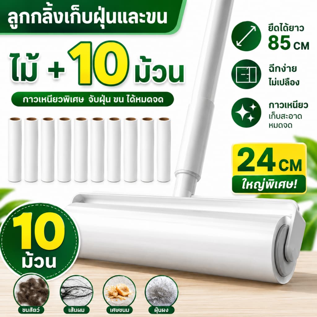 🐱🐱 ลูกกลิ้งเก็บขน ขนาด 24cm ที่กลิ้ง+10 ม้วนกาว ลูกกลิ้ง ลูกกลิ้งกระดาษกาว ลูกกลิ้งเก็บฝุ่น ลูกกลิ้งทําความสะอาด
