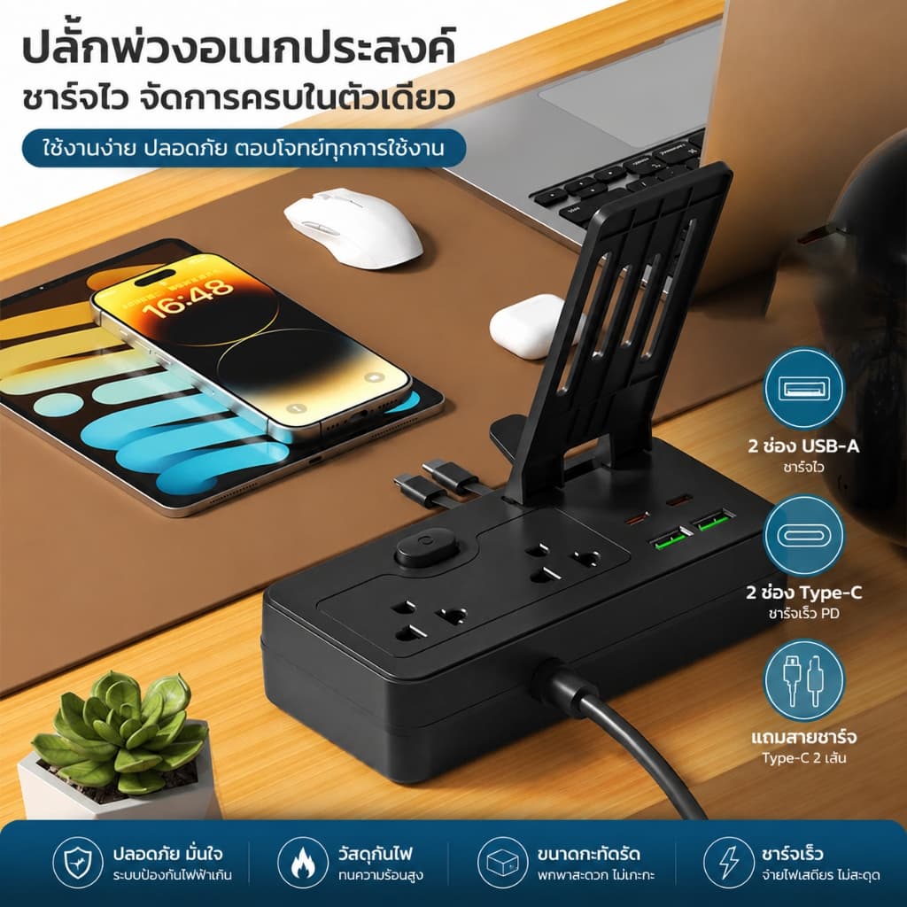 ปลั๊กไฟ 7 กำลังไฟ 2300W ปลั๊กพ่วง ปลั๊กไฟ 2 usb 2Type c ปลั๊กชาร์จ สายยาว 3 เมตร 2.1Mเมตร พร้อมขาตั้ง+IP Type cสายข้อมูล รูปที่ 8