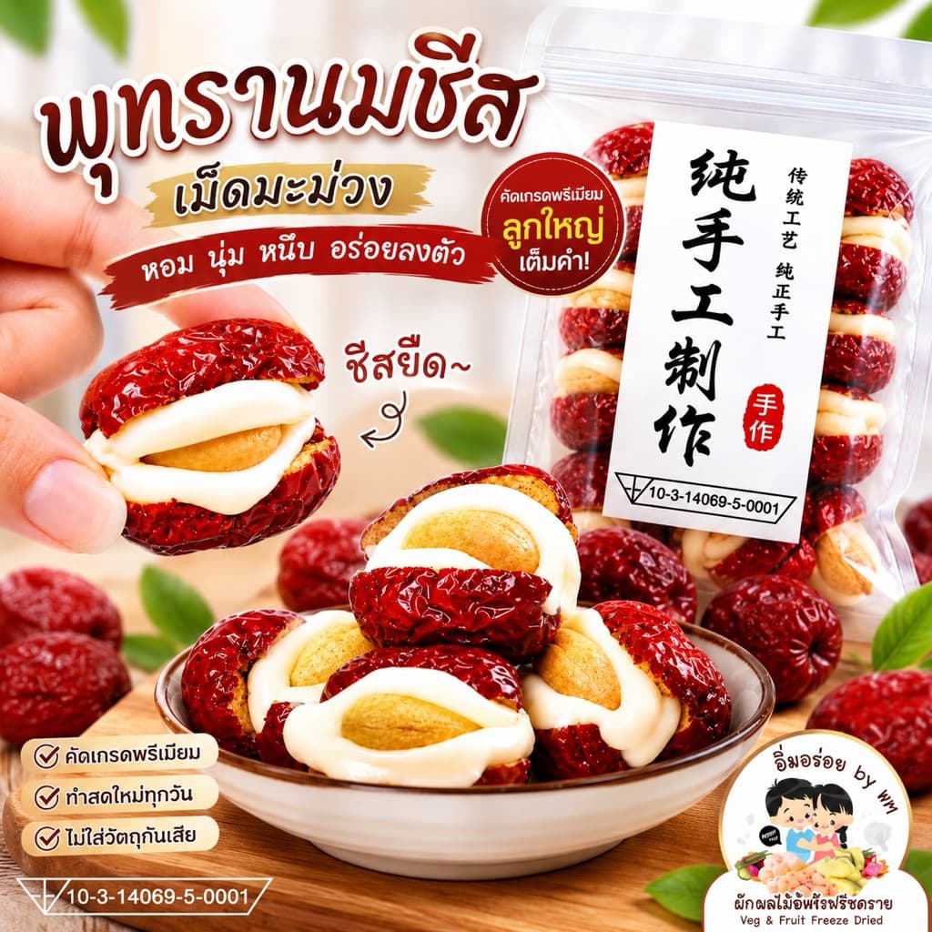 kondee[โปร 1แถม1 / 2แถม2] พุทราจีนสอดไส้ชีสและเม็ดมะม่วงหิมพานต์ (ถุงละ 500g) พร้อมส่งในไทย