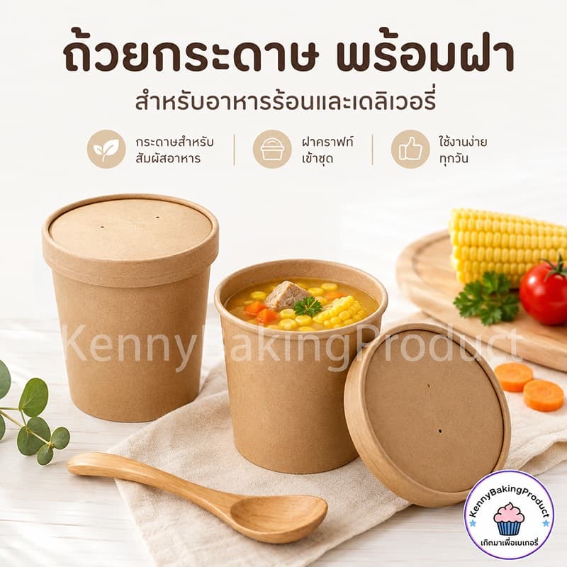 ถ้วยกระดาษ พร้อมฝา 25ชิ้น/แพค 5ขนาด! กันน้ำมัน กันน้ำ และกันรั่ว กระดาษคราฟท์เกรดอาหาร ถ้วยกระดาษคราฟท์ รูปที่ 2