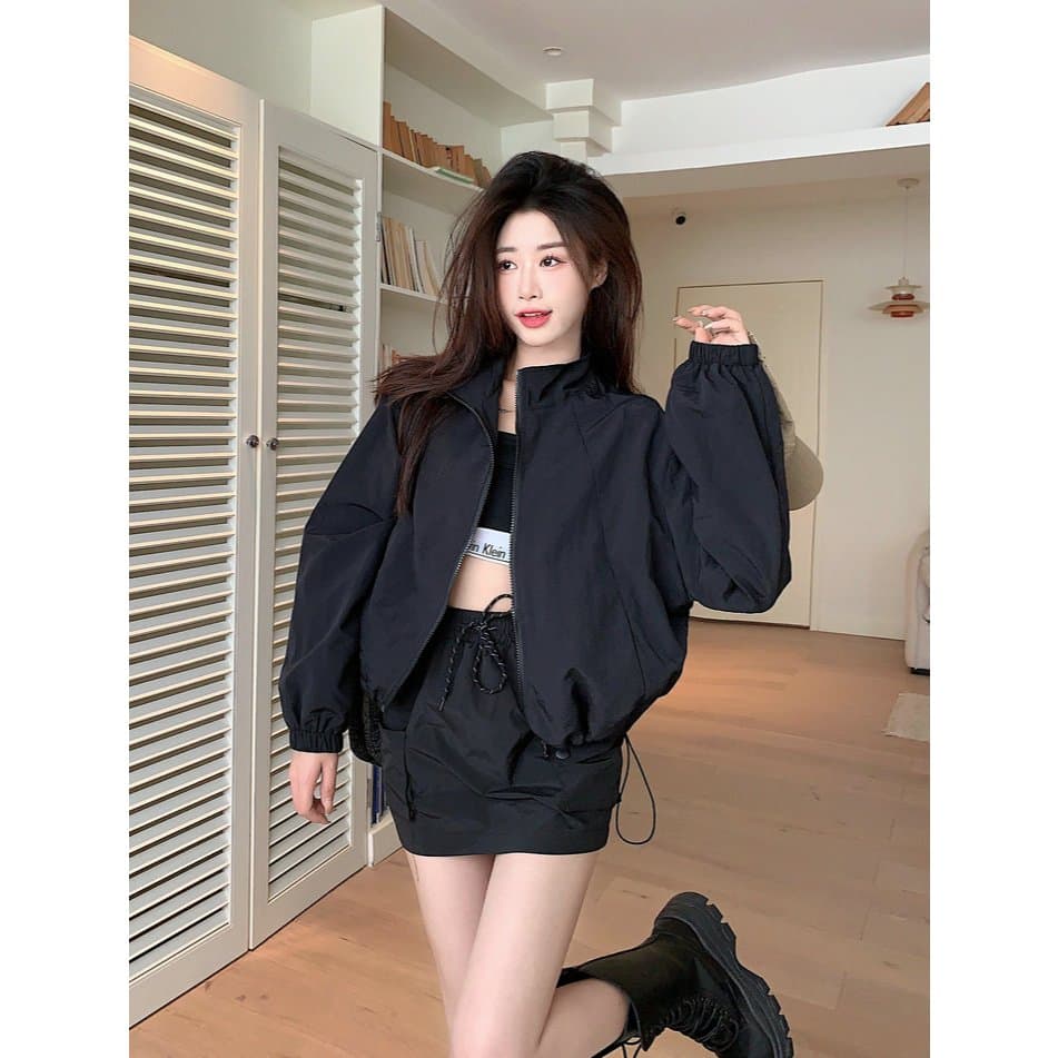 Hotgirl เสื้อคลุมแขนยาวผู้หญิง เสื้อคลุมสั้นผู้หญิง ซิป ดีไซน์เชือกผูก สไตล์เกาหลีเรียบง่าย หลวมและสบาย รูปที่ 2