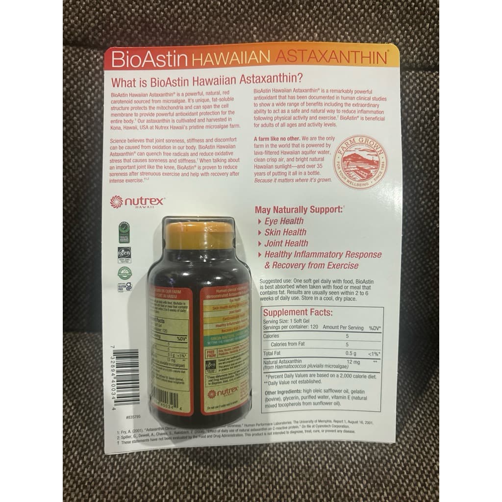 ฉลากใหม่ซ้าย[คุ้มขวดใหญ่ 120เม็ด แท้% BioAstin Hawaiian Astaxanthin สาหร่ายแดง 12mg 120เม็ด ข้อต่อ ผิวและตา รูปที่ 4