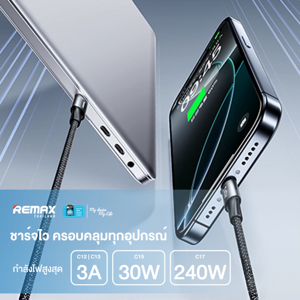 Remax Cable C12 / C13 / C15 / C17 - สายชาร์จ ชาร์จเร็ว USB to IP / USB to Type-C / Type-C to Type-C / Type-C to IP รูปที่ 3