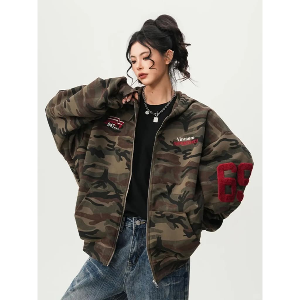 [Street style casual camouflage zip-up jacket]เสื้อแจ็คเก็ตแขนยาวลายพรางสไตล์สตรีทลำลองสำหรับผู้หญิง รูปที่ 2