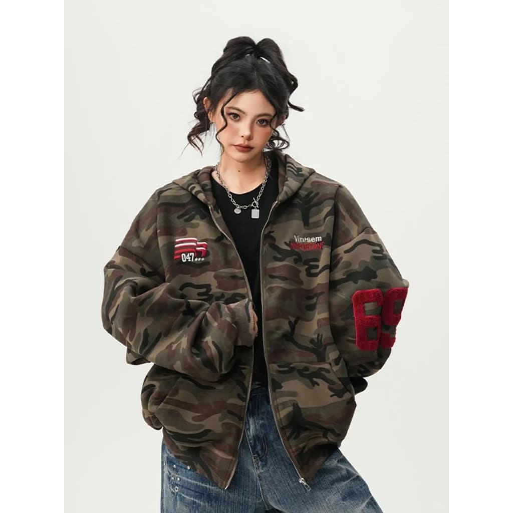 [Street style casual camouflage zip-up jacket]เสื้อแจ็คเก็ตแขนยาวลายพรางสไตล์สตรีทลำลองสำหรับผู้หญิง รูปที่ 4