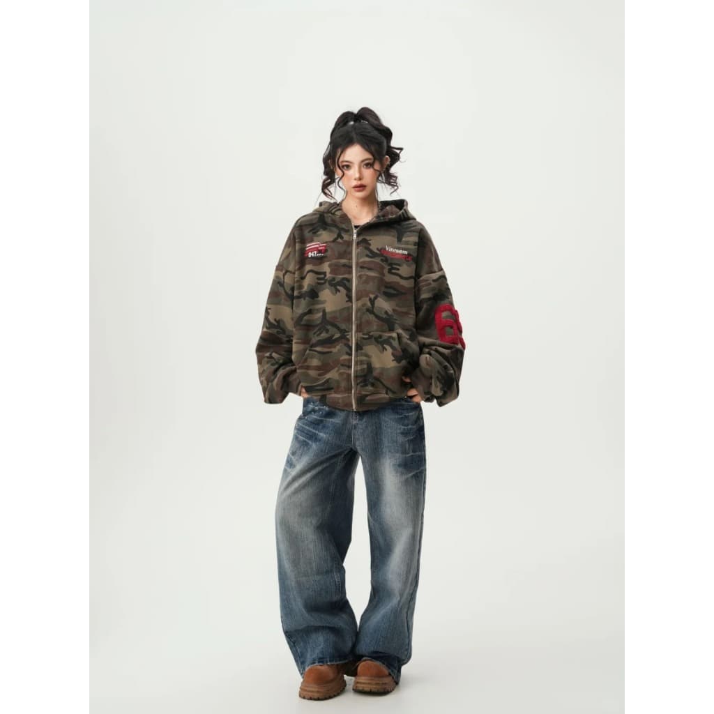 [Street style casual camouflage zip-up jacket]เสื้อแจ็คเก็ตแขนยาวลายพรางสไตล์สตรีทลำลองสำหรับผู้หญิง รูปที่ 5