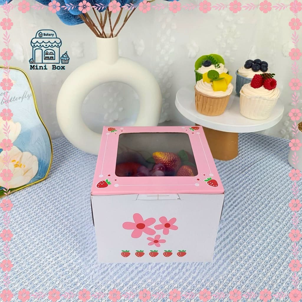 กล่องเค้ก ครึ่งปอนด์ พิมพ์ลายสตอเบอรี่นมชมพู หลังเทา สูง 12.5 cm. รูปที่ 9