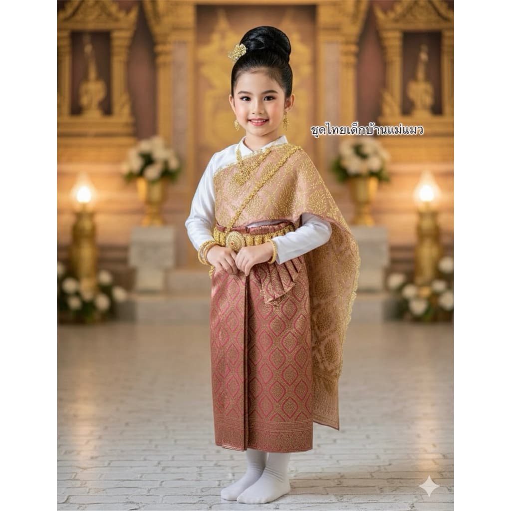 ชุดไทยเด็กหญิงสไบปักนูนผ้าถุงสำเร็จไหมแพรวา งานแยก3ชิ้น รูปที่ 5