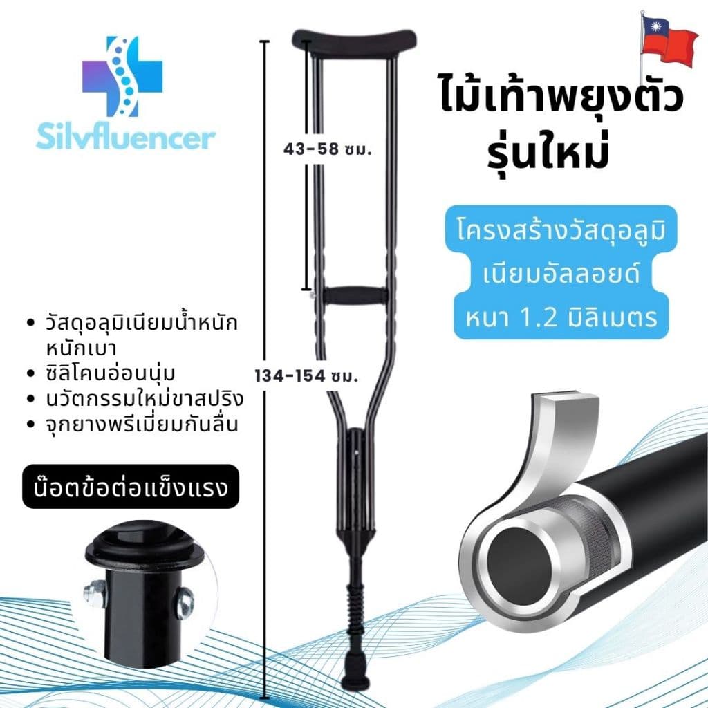 ไม้ค้ำยันรักแร้อลูมิเนียมอัลลอยด์สีดำ ไม้เท้าช่วยเดินพยุงร่างกาย รุ่นใหม่ขาซอฟสปริง แพ็ค ใน 24 ชม. รูปที่ 6