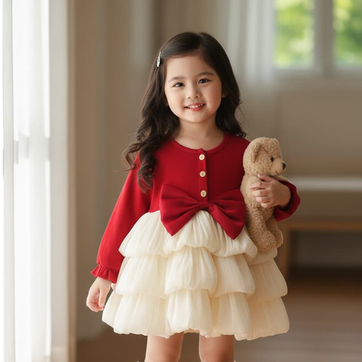 Babyonline A4 ชุดเดรสกระโปรงแฟชั่นทรงบอลลูนแต่งหัวหมีสุดน่ารักผ้าไหมแก้ว นุ่มลื่น ซับในผ้าฝ้าย รูปที่ 6