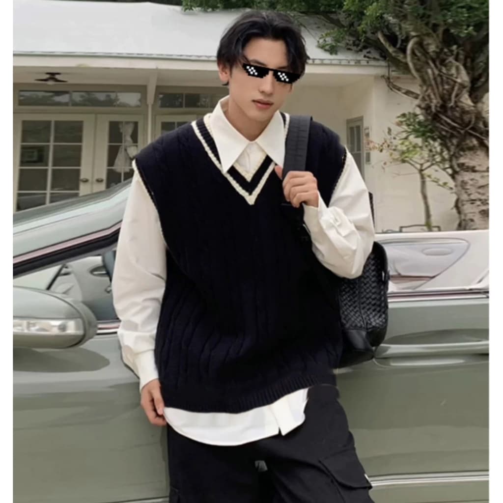 เสื้อกั๊กไหมพรม ผู้ชาย คอวี ลายเรียบๆสไตล์เกาหลี ขนาด Freesize สวมใส่สบาย เสื้อกั๊กแฟชั่นใหม่ ฤดูใบใบผลิ รูปที่ 2