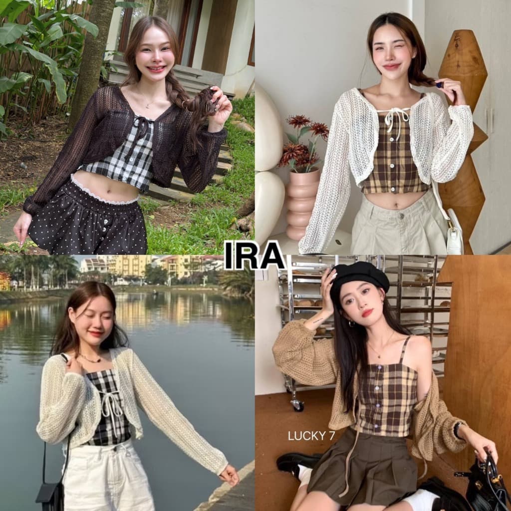 BY IRA Rita 2-pieces Top Set งานเสื้อคลุมเซ็ท​ 2 ชิ้น​ สายดี่ยวลายสก๊อต​ + เสื้อคลุมแขนยาวสีน้ำตา รูปที่ 1