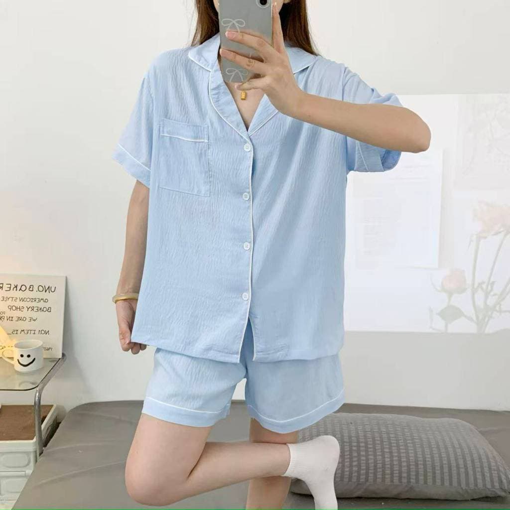 ชุดนอนผ้าไหมญี่ปุ่นสีพื้น เเขนสั้น-ขาสั้น ผ้านิ่มใส่สบาย ฟรีไซส์อก44 รูปที่ 5