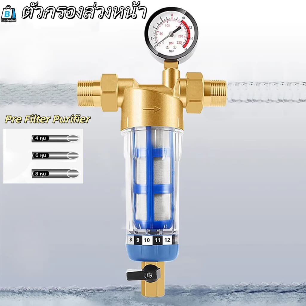 กรองน้ำ Pre-Filter Water กระบอกหนา หัวทองเหลือง เกลียว6หุน 1/2" 1" ไส้กรองสแตนเลส ล้างในตัว ทนทาน ป้องกันม รูปที่ 1
