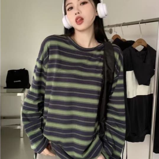 สินค้า เสื้อยืดคอกลม แขนยาว เสื้อยืดลำลอง ลายทางสไตล์เกาหลี ผ้าใส่สบายสำหรับผู้หญิง รูปที่ 2