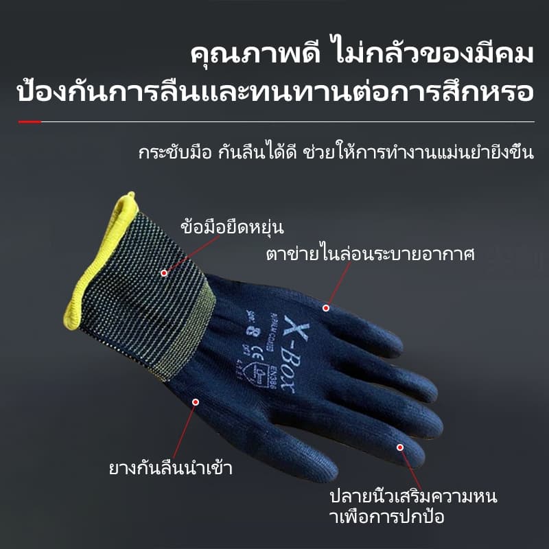 ST01 X-Box ถุงมือทำงาน ถุงมือนิรภัย กันลื่น ไนล่อนเคลือบ PU สีดำ ใส่สบาย ถนัดมือ คุณภาพดี รูปที่ 3