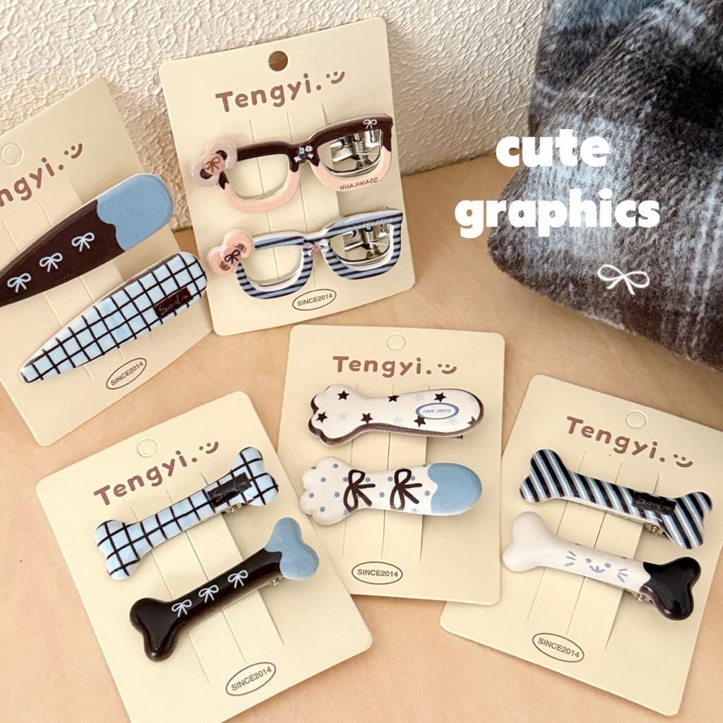 Cute 461 กิ๊บติดผม กิ๊บหนีบผมลายกราฟฟิค โทนฟ้าตาล 2 ชิ้น/แพ็ค รูปที่ 1