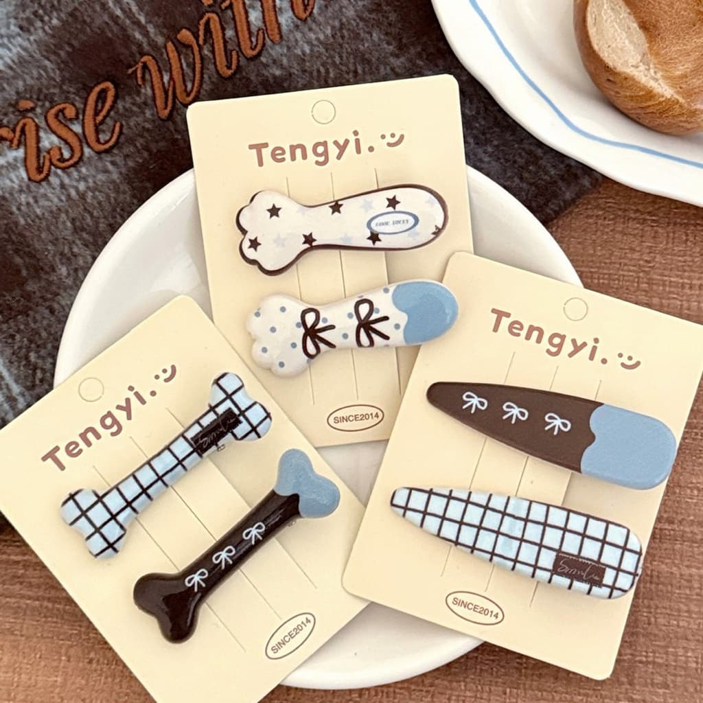 Cute 461 กิ๊บติดผม กิ๊บหนีบผมลายกราฟฟิค โทนฟ้าตาล 2 ชิ้น/แพ็ค รูปที่ 5