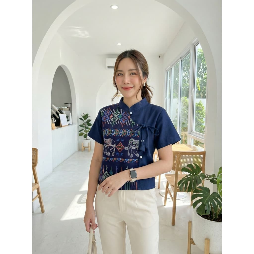 เสื้อพื้นเมืองผู้หญิงคอจีนผูกโบว์ ลายทูโทนแต่งผ้าลายช้าง รูปที่ 4