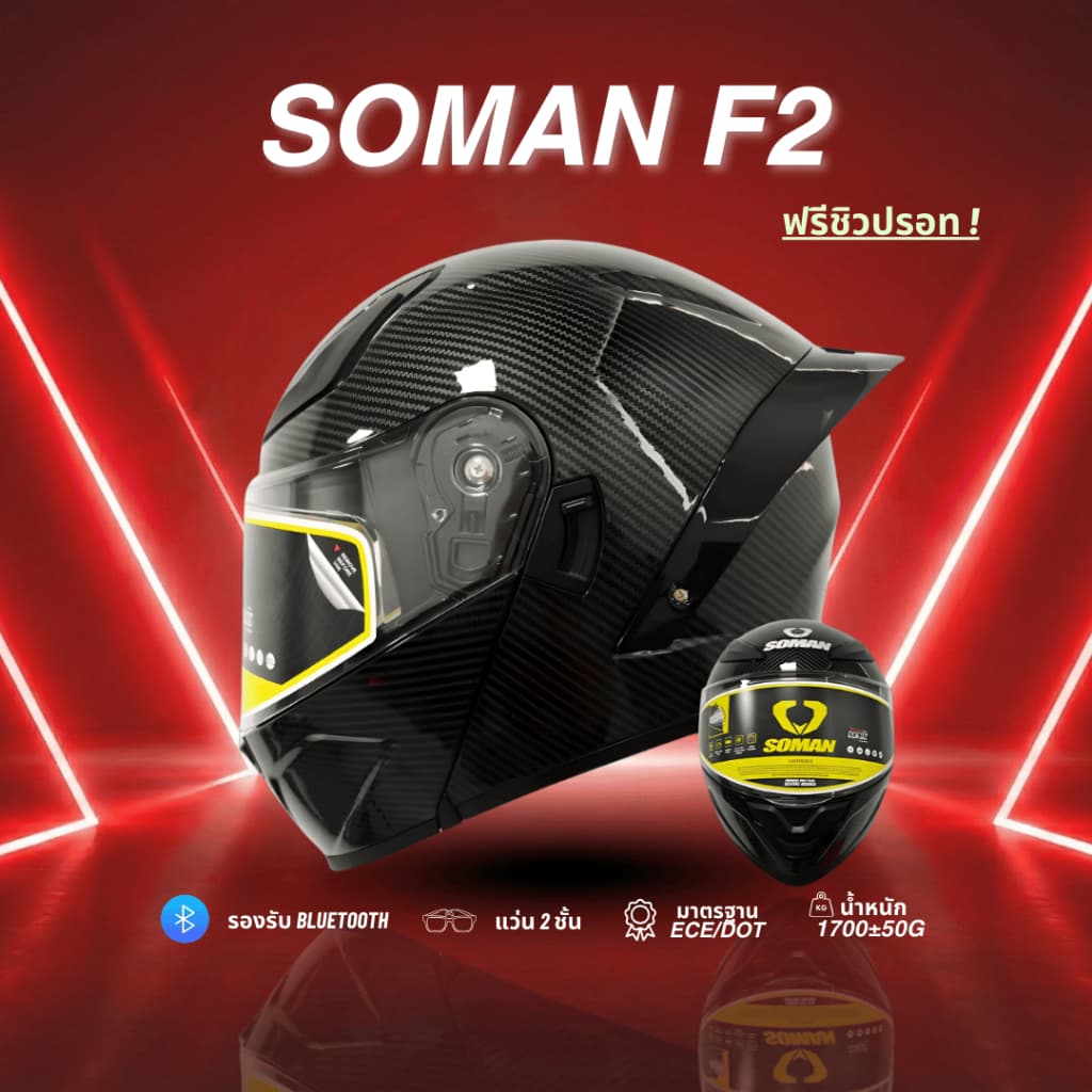 SOMAN F2 หมวกกันน็อคเต็มใบ เปิดคางได้ ดีไซน์สปอร์ต มีตัวเลือกหมวกเปล่า/พร้อมชิวปรอท รูปที่ 3