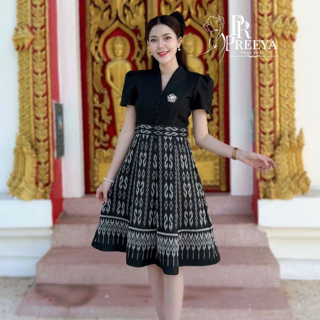 PR170 เดรสผ้าฝ้ายทอลาย อัดกาวทั้งชุด คัตติ้งเนี๊ยบ มีไซส์S-2XL แบรนด์ preeya ชุดไทย รูปที่ 2