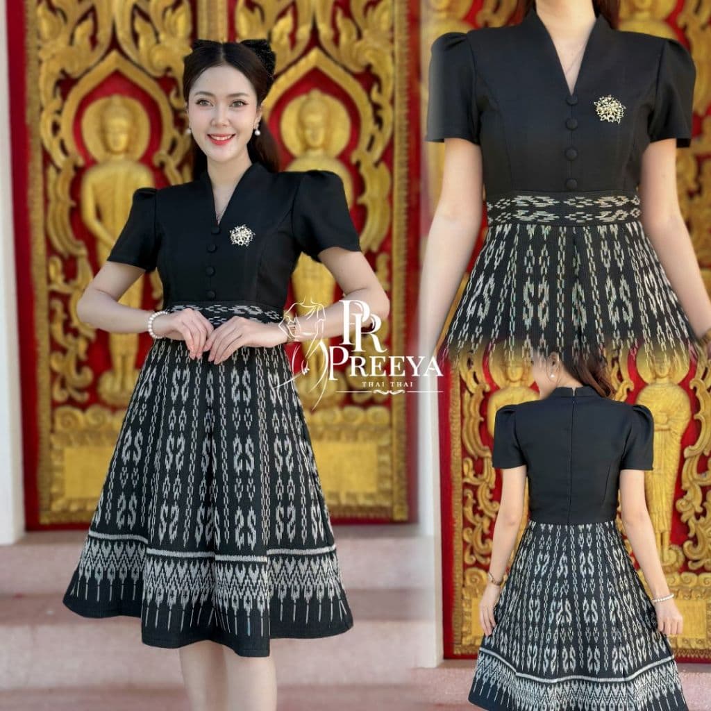 PR170 เดรสผ้าฝ้ายทอลาย อัดกาวทั้งชุด คัตติ้งเนี๊ยบ มีไซส์S-2XL แบรนด์ preeya ชุดไทย รูปที่ 1