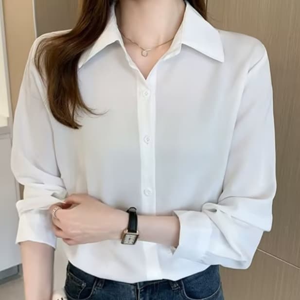 ผู้หญิง สีทึบแขนยาวเสื้อเชิ้ต สไตล์เกาหลี ทรงหลวม พื้นฐาน เรียบง่าย เสื้อ รูปที่ 6
