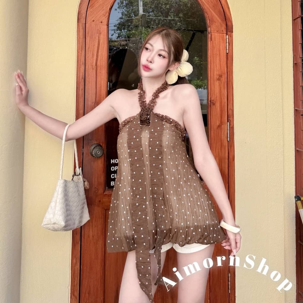 aimorn_shopเสื้อคล้องคอ ทรงบอลลูน ลายจุด สม็อคหลัง งานผ้าพริ้ว ผ้าใส่สบาย ฮิตสุดๆ รูปที่ 3