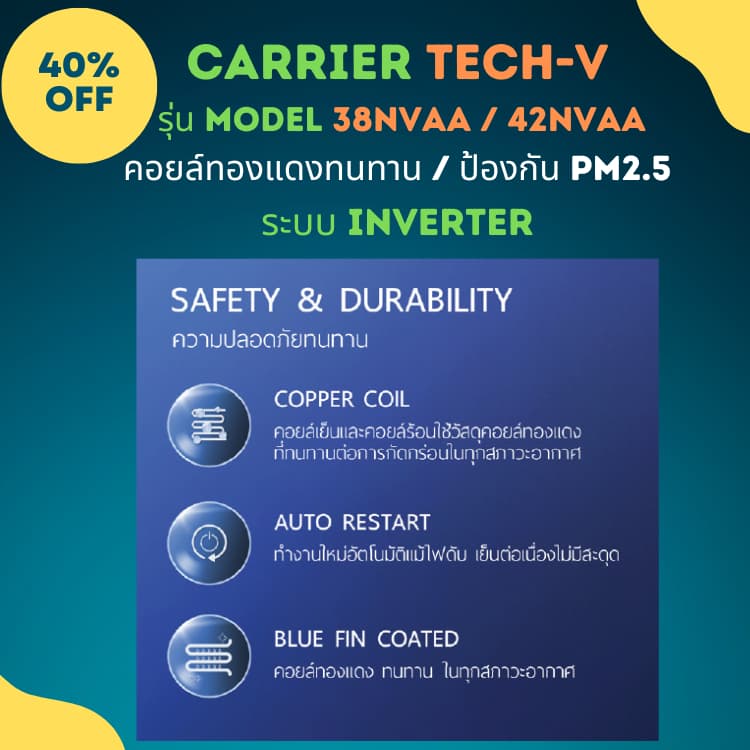 CARRIER แอร์ติดผนังระบบอินเวอร์เตอร์รุ่น TECH-V Series NVAA ระบบ Inverter ขนาด 9200-25200 BTU รูปที่ 4