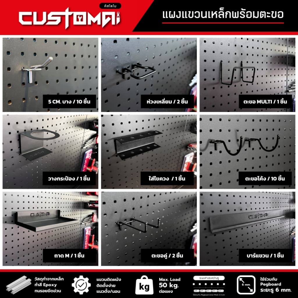จัดเซ็ต Pegboard พร้อมตะขอ 27 ชิ้น ชุดพร้อมแขวน จัดระเบียบเครื่องมือช่างแบบติดผนัง แผงเหล็กแข็งแรงมาพร้อมตะขอรุ่นยอดนิยม รูปที่ 6