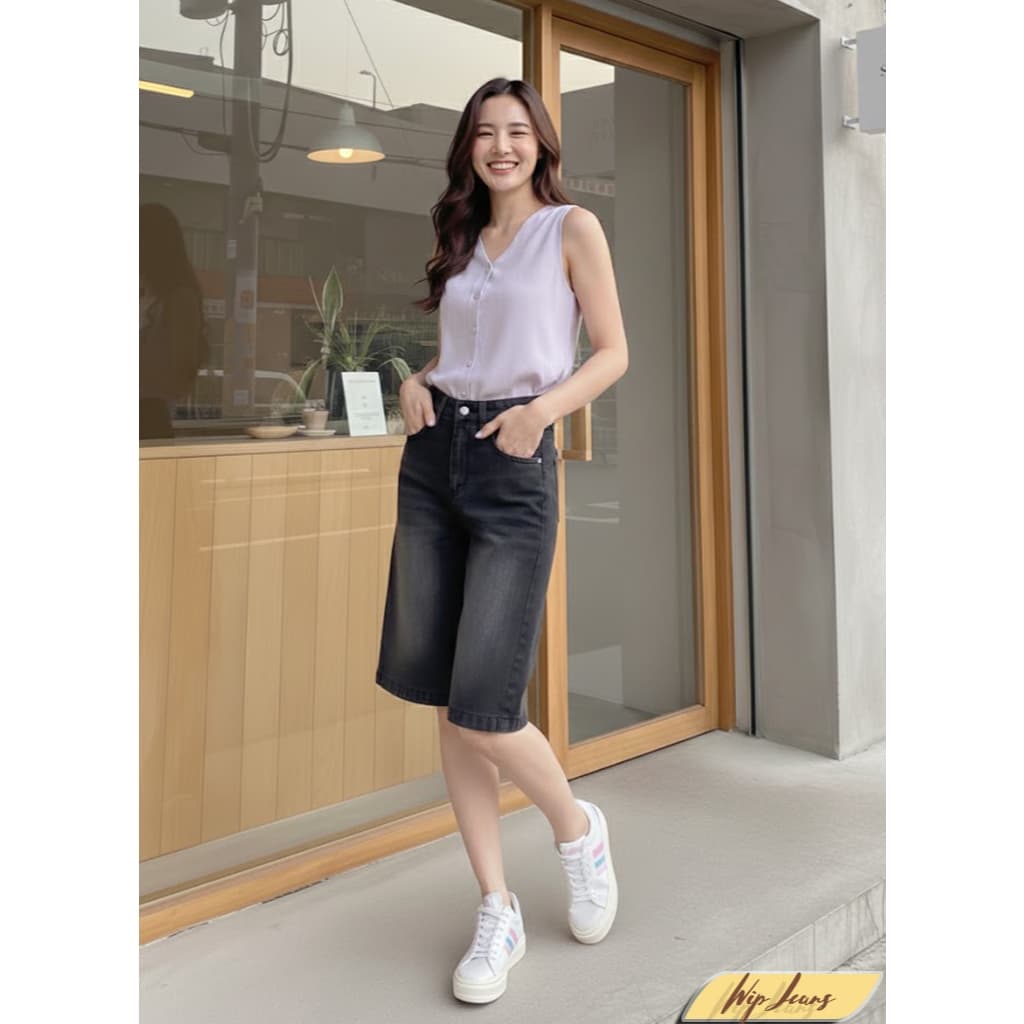 กางเกงยีนส์ขาสั้นทรงบอยยาวเหนือเข่าเอวสูงทรงเป๊ะไซส์ S-3XL ใส่แมตช์ง่ายได้ทุกลุค TK4 รูปที่ 4