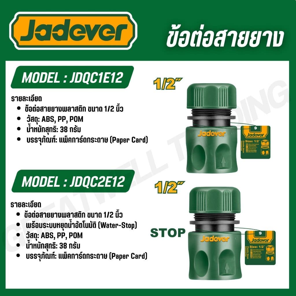 JADEVER ข้อต่อปืนฉีดน้ำ 1/2-3/4 นิ้ว ข้อต่อสายยาง พร้อมระบบ stop และไม่ stop รุ่น JDQC2E33 JDQC2E21 JDQC1E12 JDQC1E34 รูปที่ 2