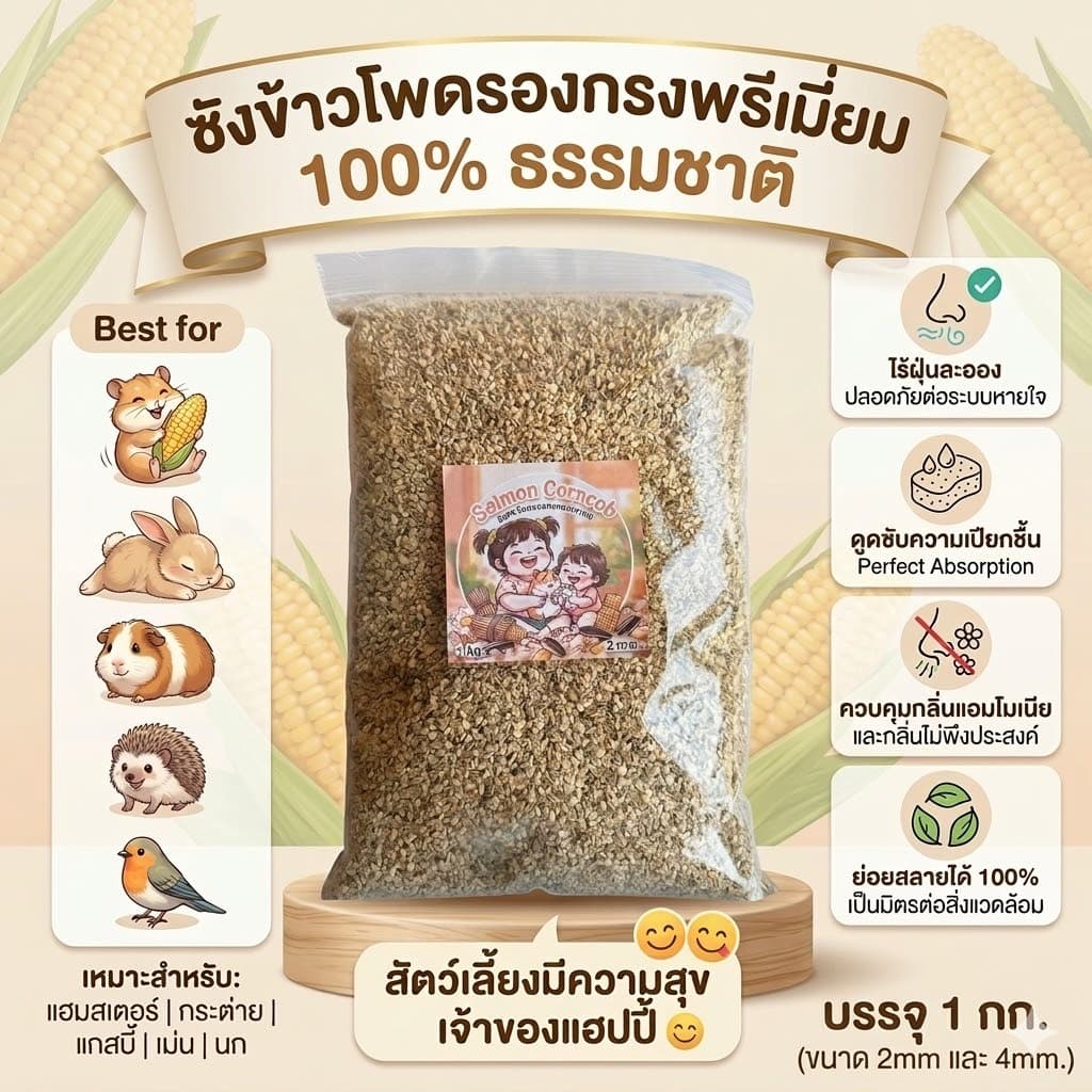 ซังข้าวโพดรองกรงสัตว์เลี้ยง เกรดพรีเมียม  (บรรจุ 1 กก.)