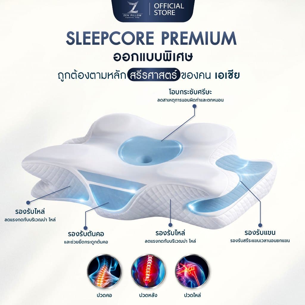 Zen Pillow Sleepcore Premium สีขาวครีม หมอนสุขภาพ เมมโมรี่โฟม นุ่มสบาย ระบายอากาศดี รองรับสรีระ รูปที่ 3