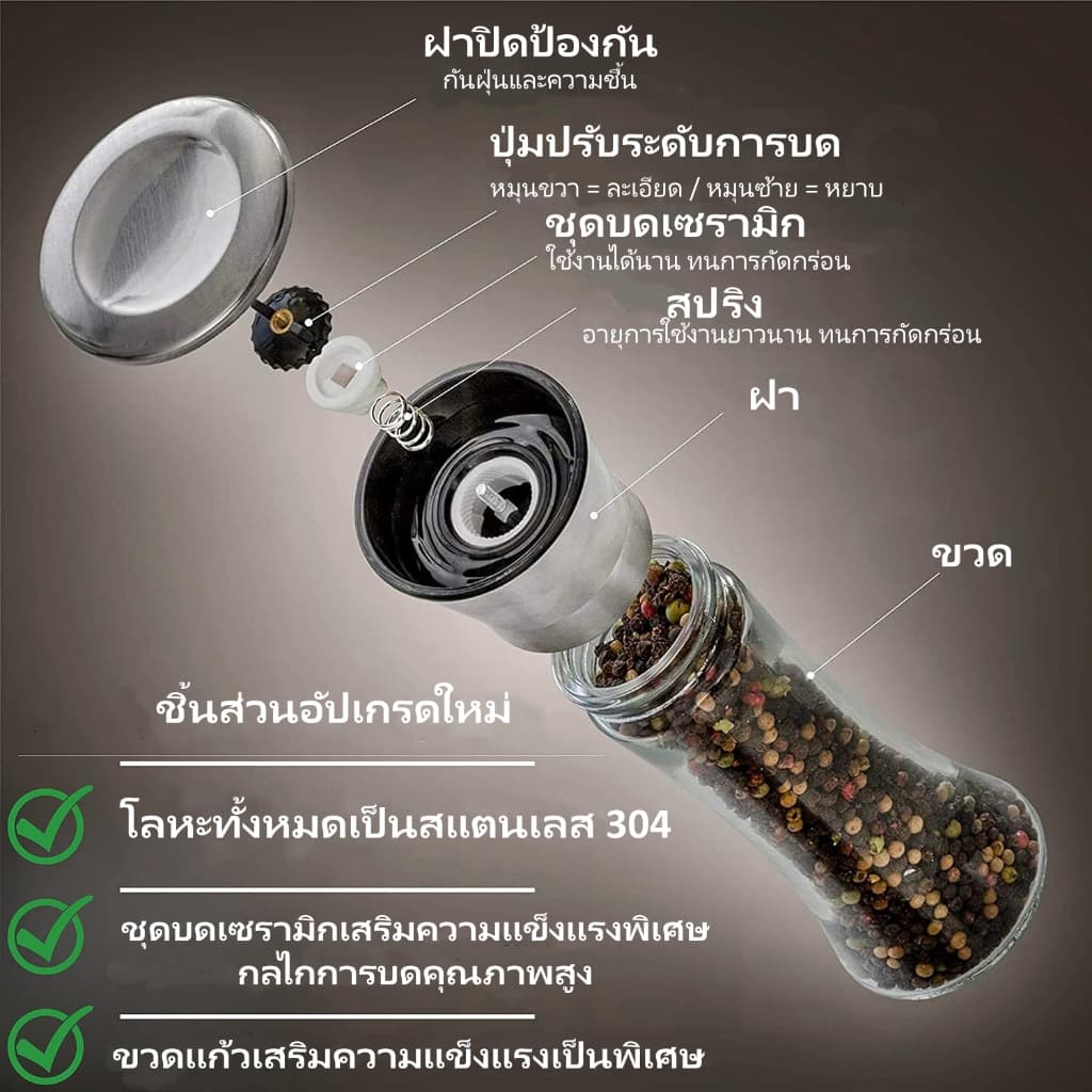 ขวดบดพริกไทย สแตนเลส หัวบดเซรามิกปรับระดับได้ ขวดแก้ว ไม่เป็นสนิม ใช้งานง่าย รูปที่ 3
