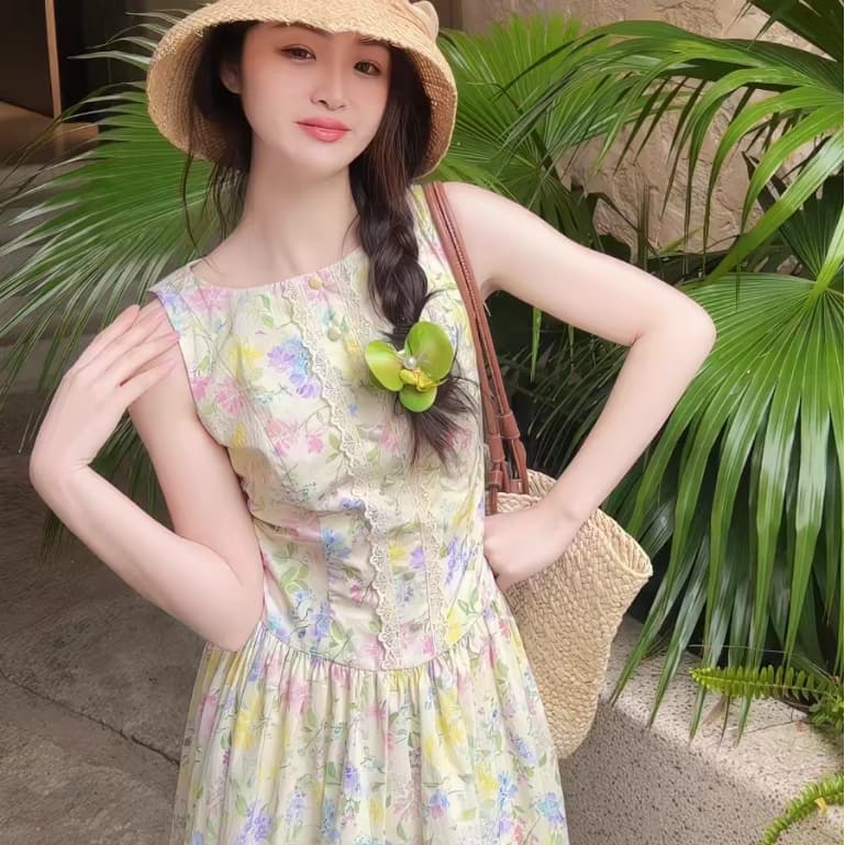 ส่ง เดรสเสื้อกล้ามลายดอกไม้สีสันสดใส สไตล์ฝรั่งเศสชนบท ทรงรัดเอวผอมสง่างาม หลวมสบาย เหมาะท่องเที่ยวฤดูร้อน รูปที่ 2