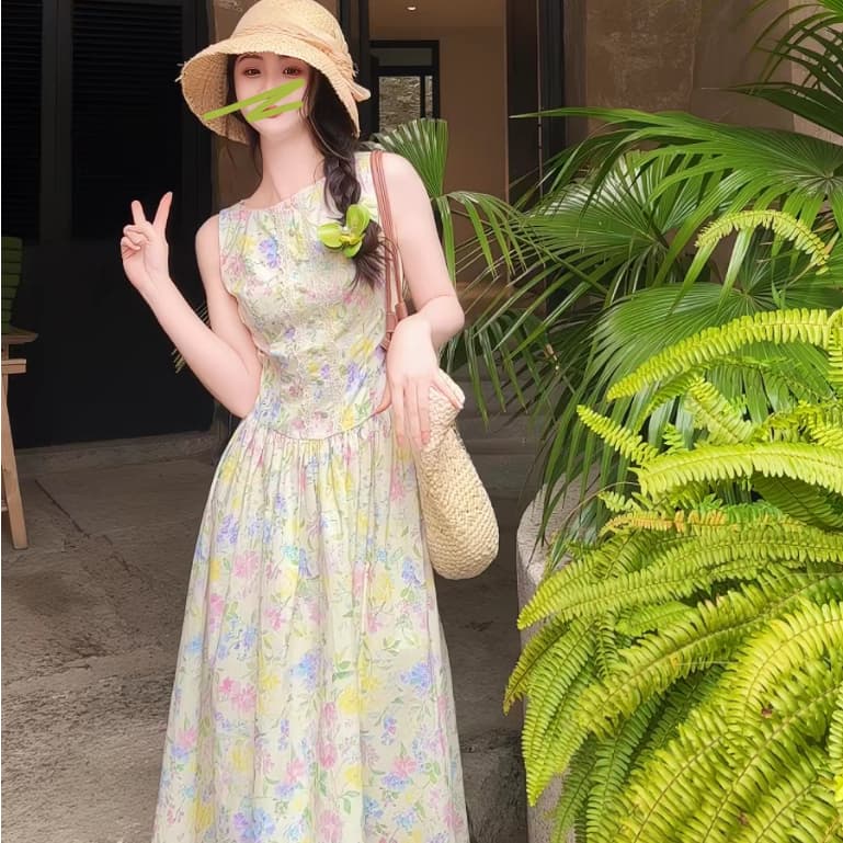 ส่ง เดรสเสื้อกล้ามลายดอกไม้สีสันสดใส สไตล์ฝรั่งเศสชนบท ทรงรัดเอวผอมสง่างาม หลวมสบาย เหมาะท่องเที่ยวฤดูร้อน รูปที่ 4