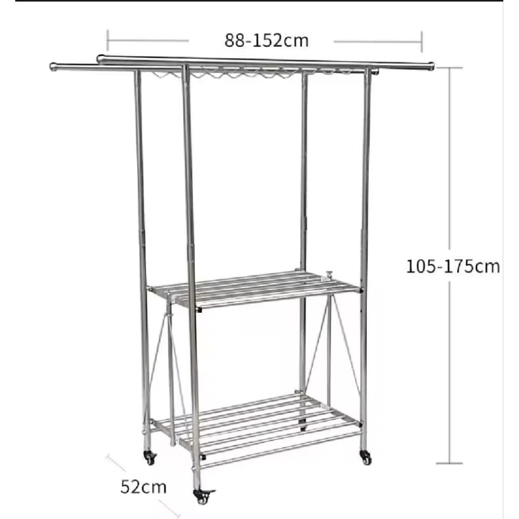 ราวตากผ้า ราวตากสแตนเลสพับได้ ราวคู่ 2 ชั้นวาง กว้าง 52 cm ปรับระดับสูงต่ำได้ 3 ระดับ ท่อบนดึงออกได้ มี2แบบ รูปที่ 2