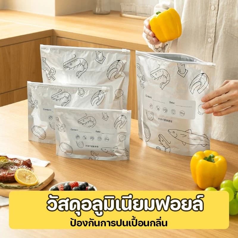 ถุงเก็บความสด ถุงฟอยล์อลูมิเนียมตั้งได้ 50 ชิ้น/แพ็ค ใช้ซ้ำได้ ปิดสนิทกันกลิ่น เก็บอาหารสด ปิดสนิท เก็บอาหาร ผัก ผลไม รูปที่ 9