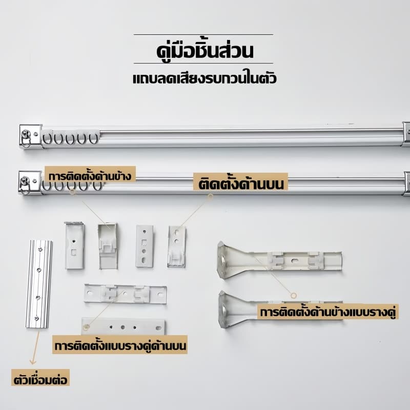 ราง M ประกอบครบชุด เกรด A ลูกล้อพลาสติก ห่วงม่านเหล็กชุบนิเกิ้ลอย่างดี รางม่าน2ชั้น รูปที่ 8