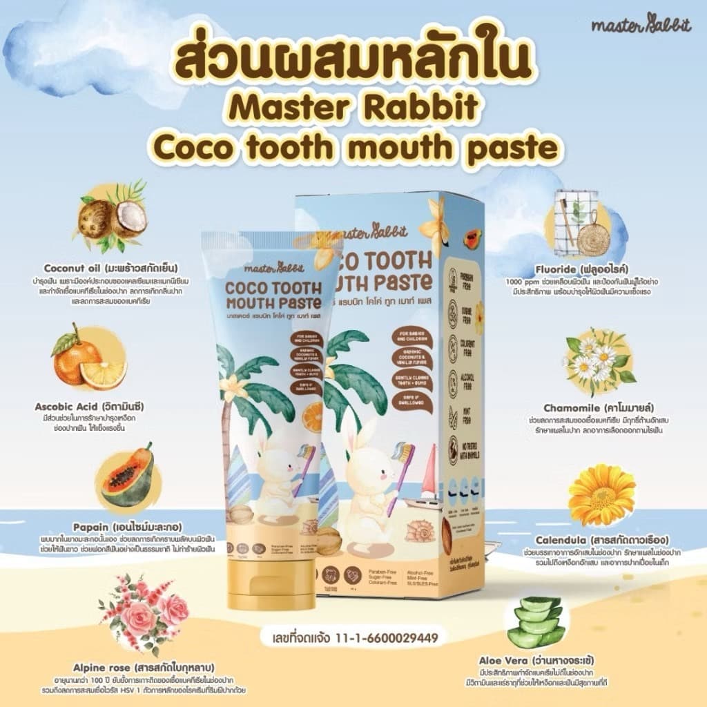 ยาสีฟันสำหรับเด็ก 6เดือนขึ้นไป Master rabbit coco tooth mouth paste ราคาพิเศษ 1 หลอด รูปที่ 7