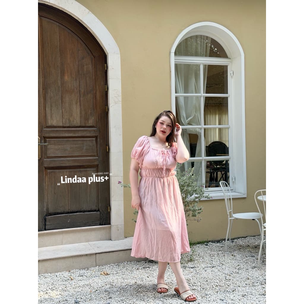 LindaaPlus-- ชุดเดรสยาวผ้าใยไผ่สาวอวบอ้วน แขนสั้นตุ๊กตา ผ้าพริ้วสวย แต่งทรงคอเหลี่ยม จี้มรอบเอว2ชั้น รูปที่ 6