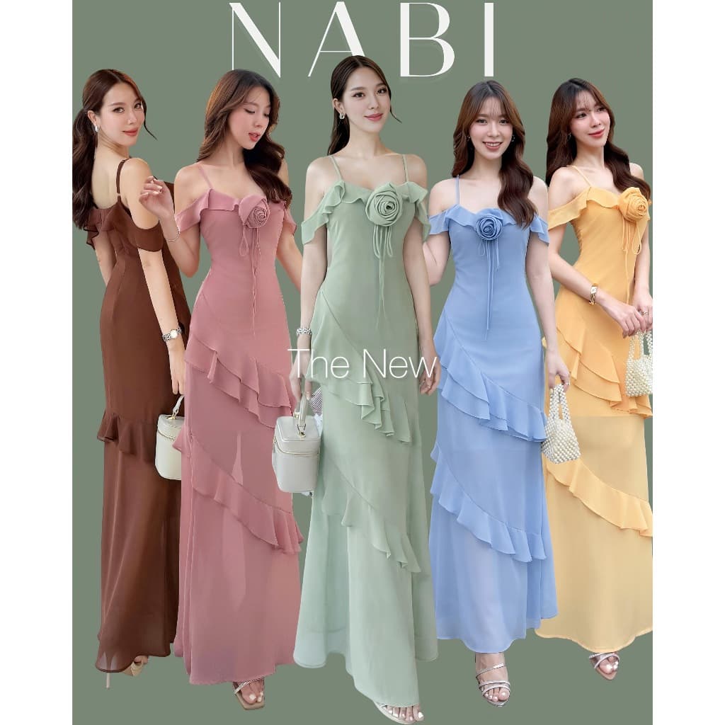 🚩ร้านโค้ดคุ้ม🚩NABI ชุดเดรสสายเดี่ยว แต่งดอกไม้ ชมพู เขียว ใส่ออกงาน งานแต่ง ดินเนอร์ เพื่อนเจ้าสาว