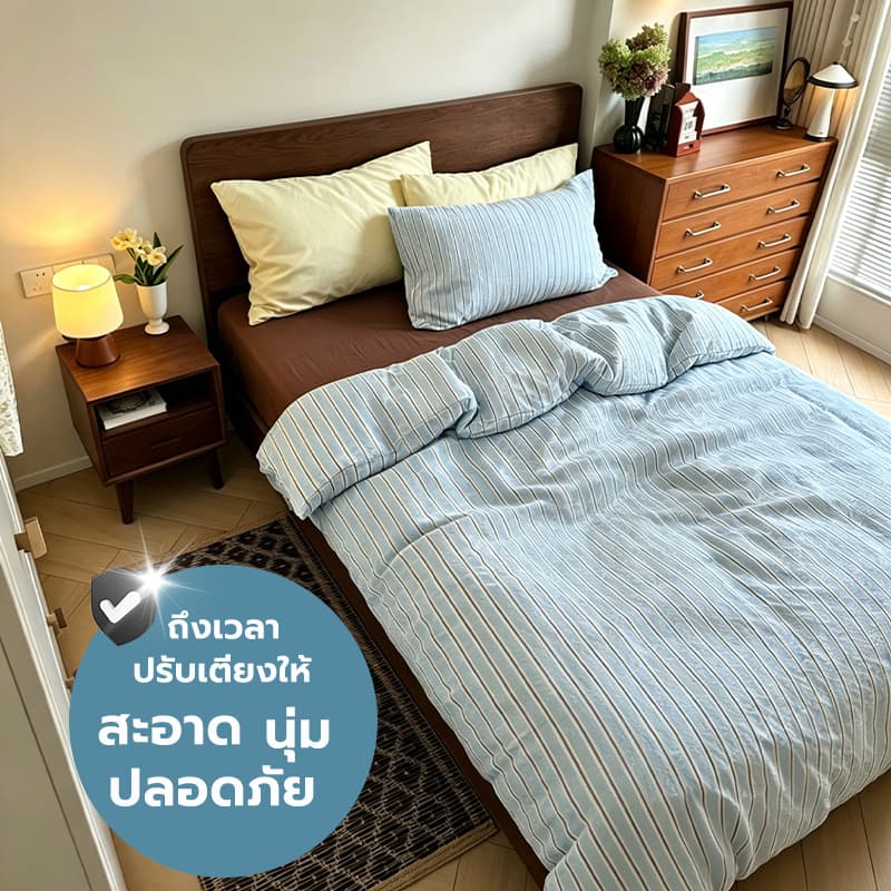 Baan Minimal ชุดเครื่องนอน 4 ชิ้น ลายทาง แบบรัดมุม ผ้าฝ้าย 100% สไตล์นอร์ดิกมินิมอล เพิ่มมิติให้ห้องนอน 3.5/5/6 ฟุต รูปที่ 3