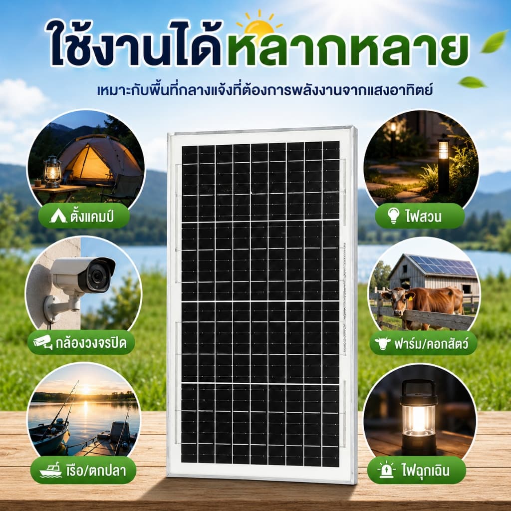 แผงโซล่าเซลล์ 30W 18V USB+DC สาย 2 เมตร ใช้งานกลางแจ้ง สำหรับไฟสนาม กล้องวงจรปิด พาวเวอร์แบงค์ รูปที่ 4
