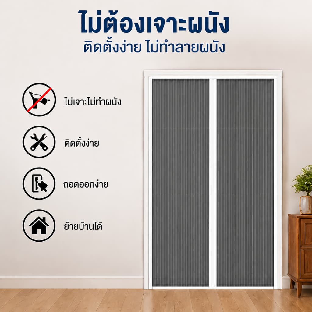 มุ้งจีบประตู มุ้งจีบบานคู่ มุ้งประตูพับเก็บได้ กันยุง ระบายอากาศดี ติดตั้งง่าย ไม่ต้องเจาะรู ความสูง 2m รูปที่ 5