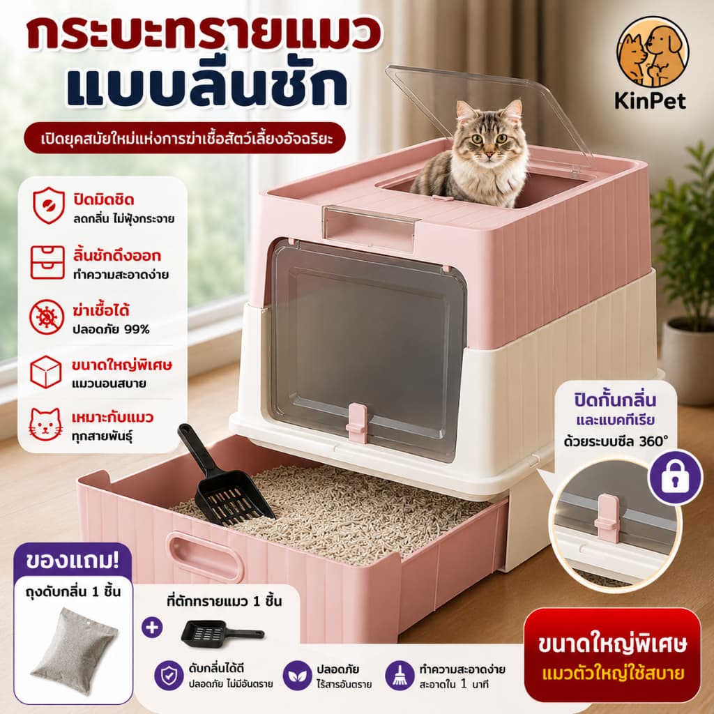 กระบะทรายแมวมีลิ้นชัก มีฝาปิด กันกลิ่น สีพาสเทล พร้อมที่ตักทราย แถมฟรีถุงดับกลิ่น ทำความสะอาดง่าย พื้นที่กว้าง จุดได้เยอ รูปที่ 1
